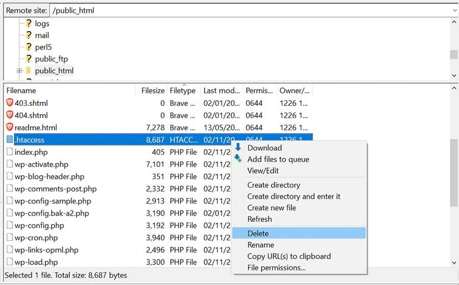 FileZilla - Deactivate .htaccess